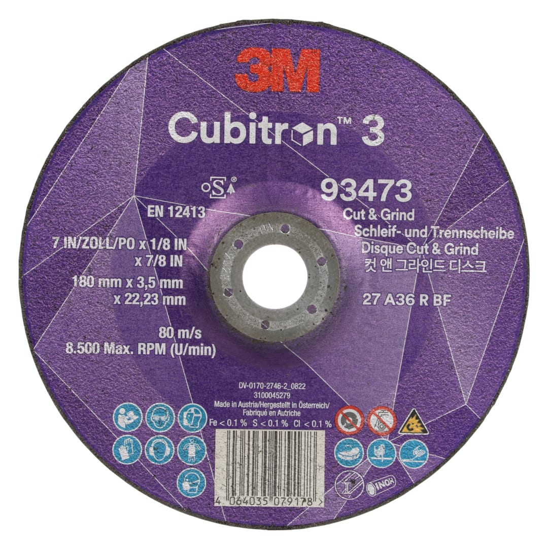 3M™ Cubitron™ 3 Kesme ve Taşlama Taşı, 93473, 36+, T27, 180 mm x 3,7 mm x 22,23 mm, EN, 10/Paket, 20 adet/Kutu