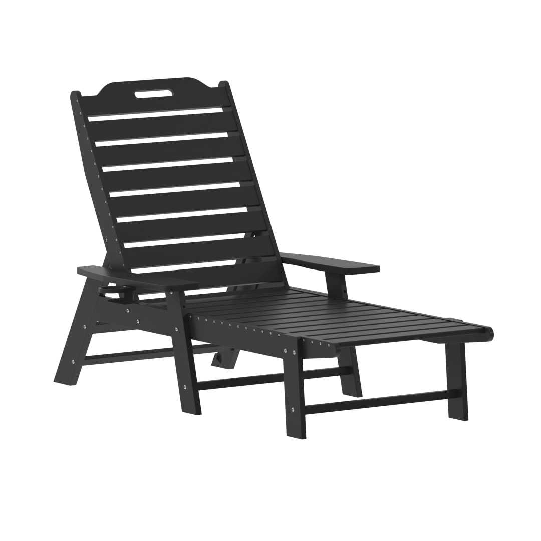 Monterey Adjustable Adirondack Lounger with Cup Holder- All-Weather Indoor/Outdoor HDPE Lounge Chair in Black