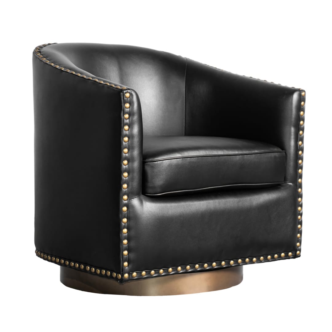 Myles Club Style Commercial Barrel Accent Armchair with 360° Swivel Metal Base and Black Leathersoft Upholstery with Brass Decorative Nail Head Trim