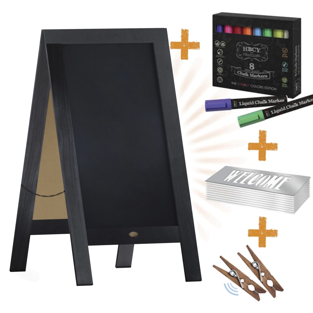Canterbury 40" x 20" Black Wooden Indoor/Outdoor A-Frame Magnetic Chalkboard Sign Set with 8 Chalk Markers, 10 Stencils, and 2 Magnets, and Eraser