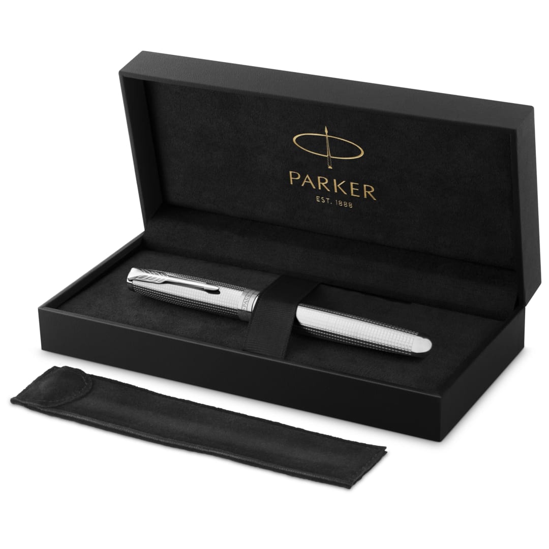 Parker Sonnet Ciselé Special Edition Fountain Pen, Palladium Finish Cap ,Barrel, and Trims, Medium, 18k Solid Gold Nib, Black Ink and Convertor