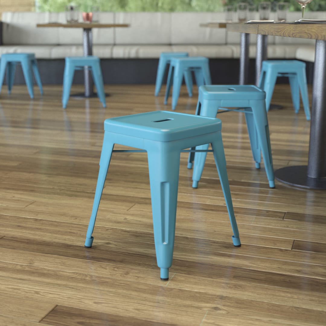 Kai 18" Table Height Stool, Stackable Backless Metal Indoor Dining Stool, Commercial Grade Restaurant Stool in Teal - Set of 4