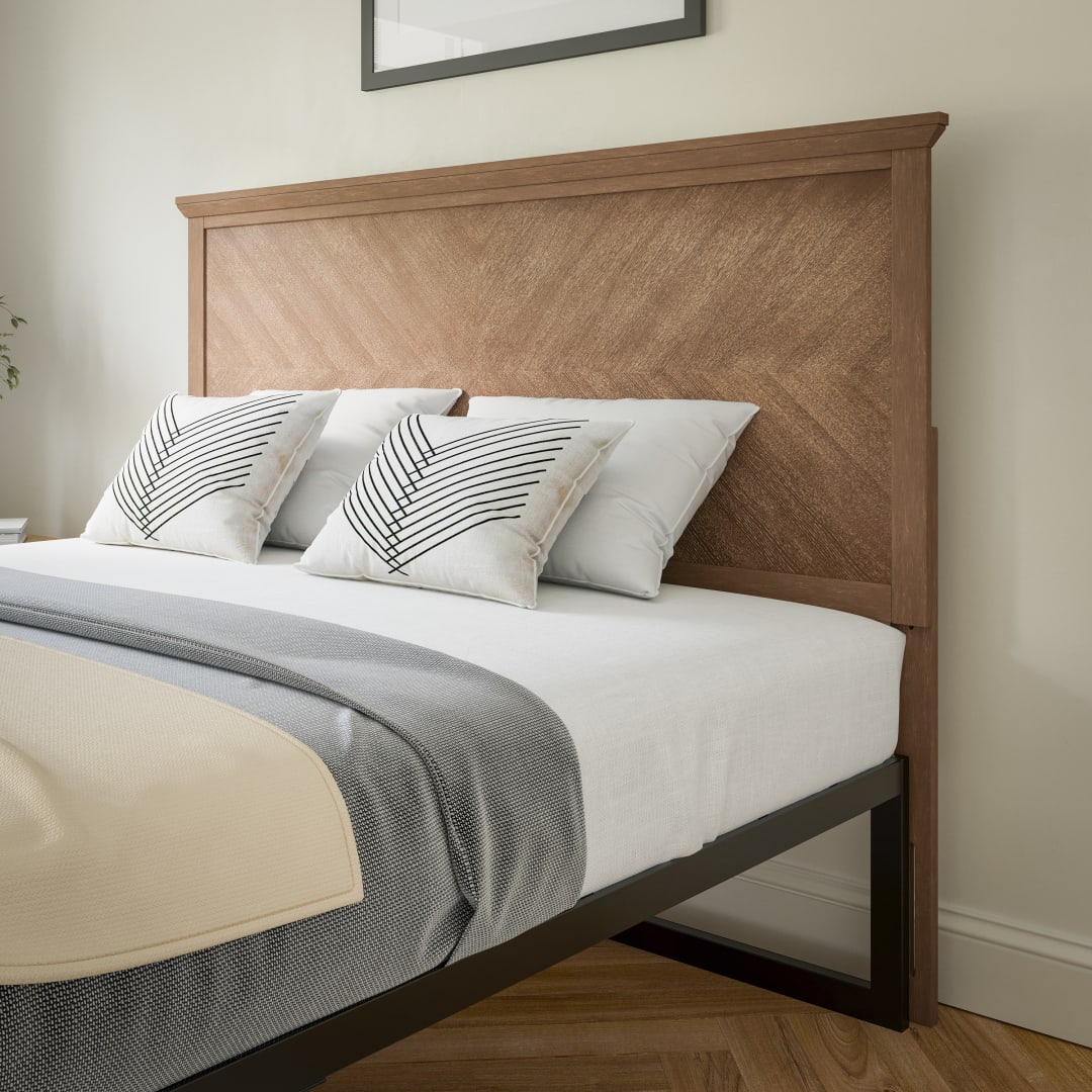 Fiona Queen Size Herringbone Wooden Adjustable Headboard for Universal Metal Bed Frames in Light Brown