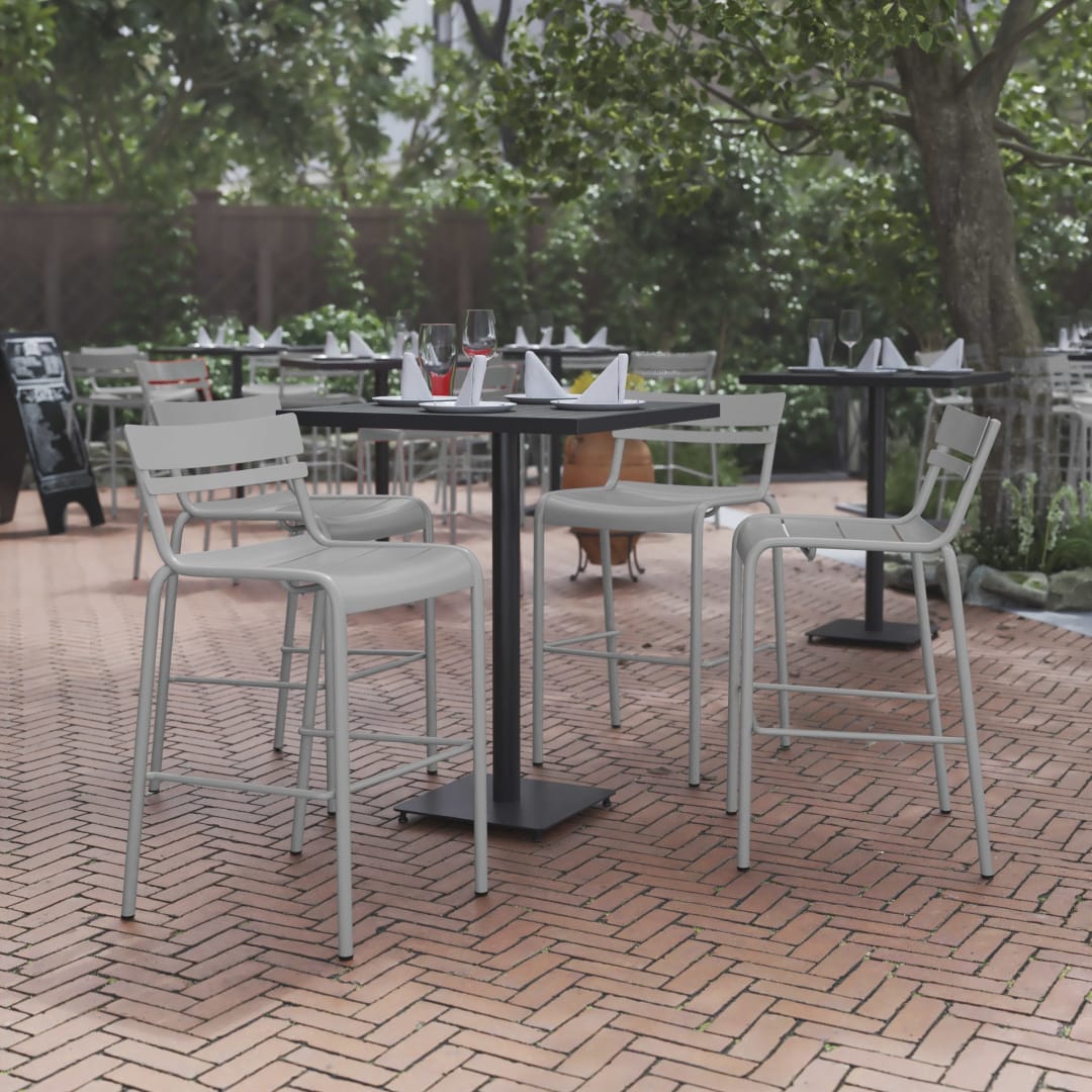 Nash Commercial Grade Silver Metal Indoor-Outdoor Bar Height Stool with 2 Slats, Set of 4