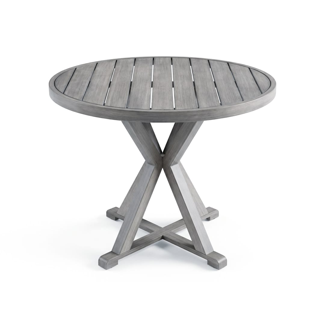 Bedford 36" Round Indoor-Outdoor Patio Table with Trestle Base in Gray Brushed Woodgrain Aluminum Finish