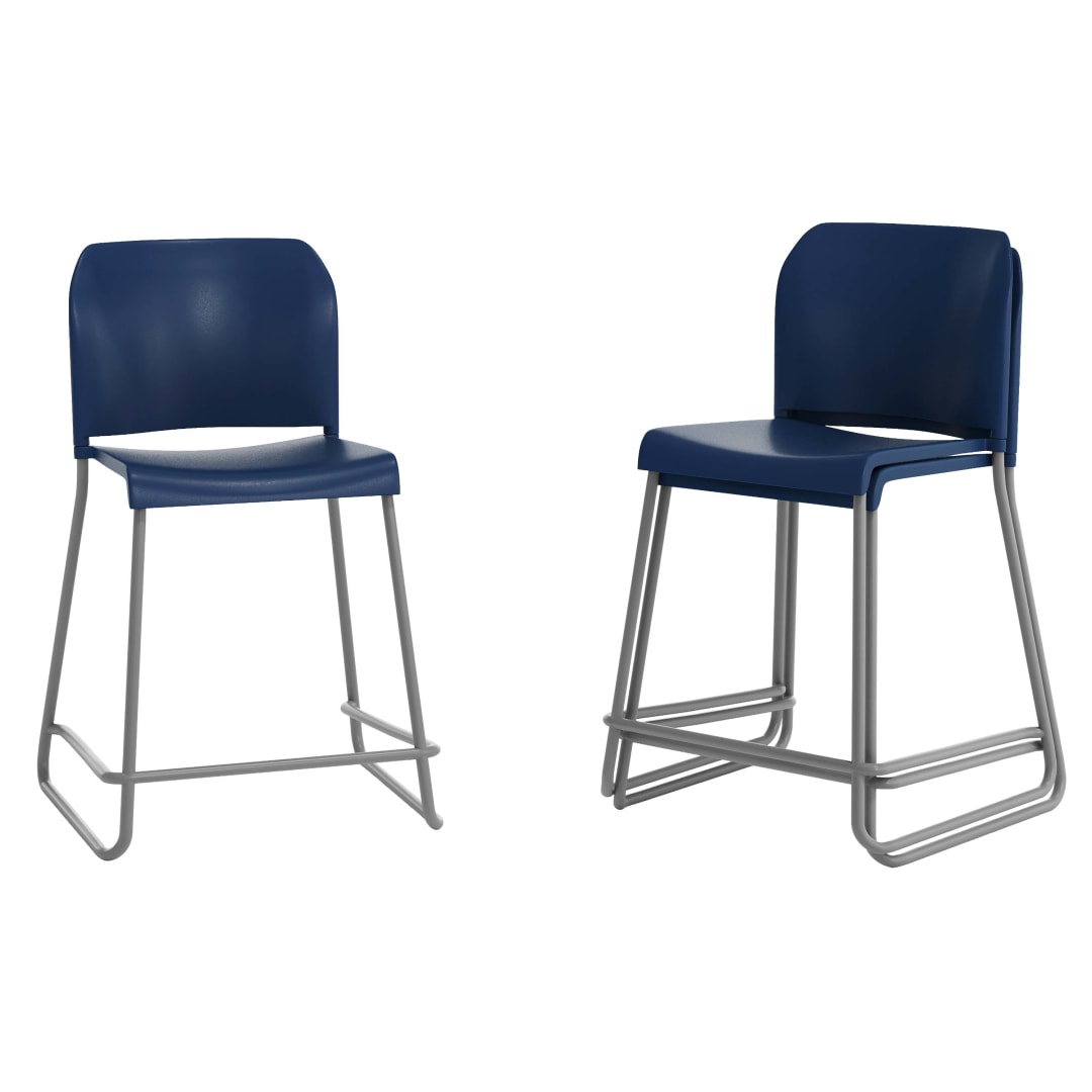 HERCULES Kenai Set of 3 Navy Office Reception Stacking Counter Stools with Contoured Backrests and Gray Sled Bases
