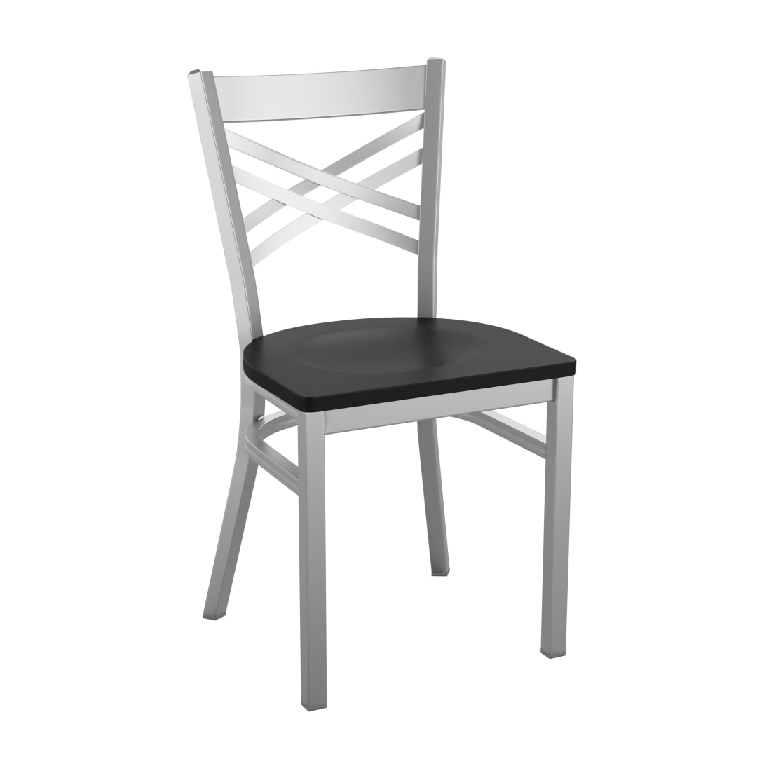 HERCULES Series Silver Antique Finish with Clear Coat ''X'' Back Metal Restaurant Chair - Black Wood Seat