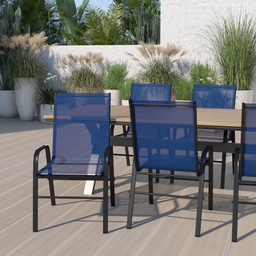 5 Pack Brazos Series Navy Outdoor Stack Chair with Flex Comfort Material and Metal Frame