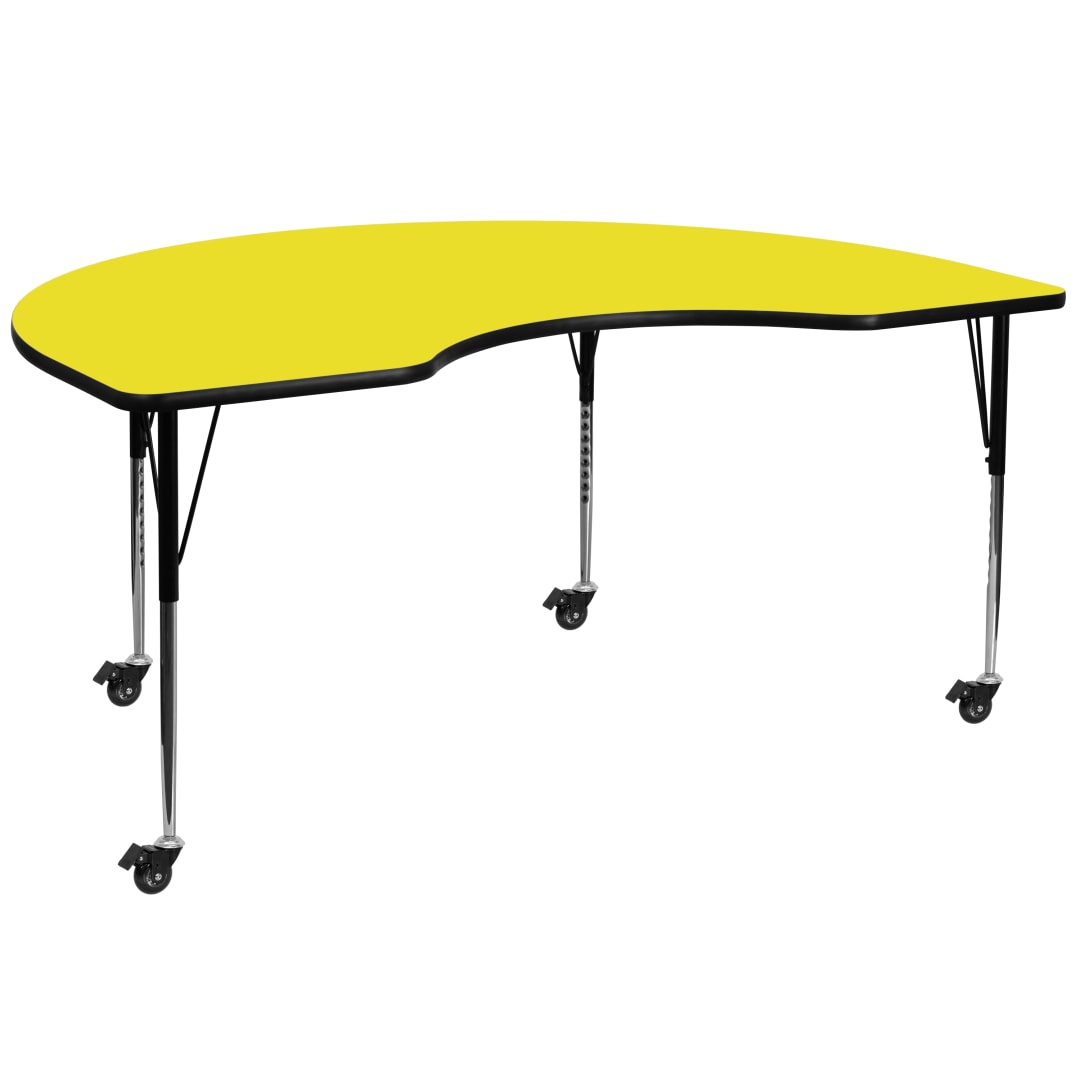 Wren Mobile 48''W x 96''L Kidney Yellow HP Laminate Activity Table - Standard Height Adjustable Legs