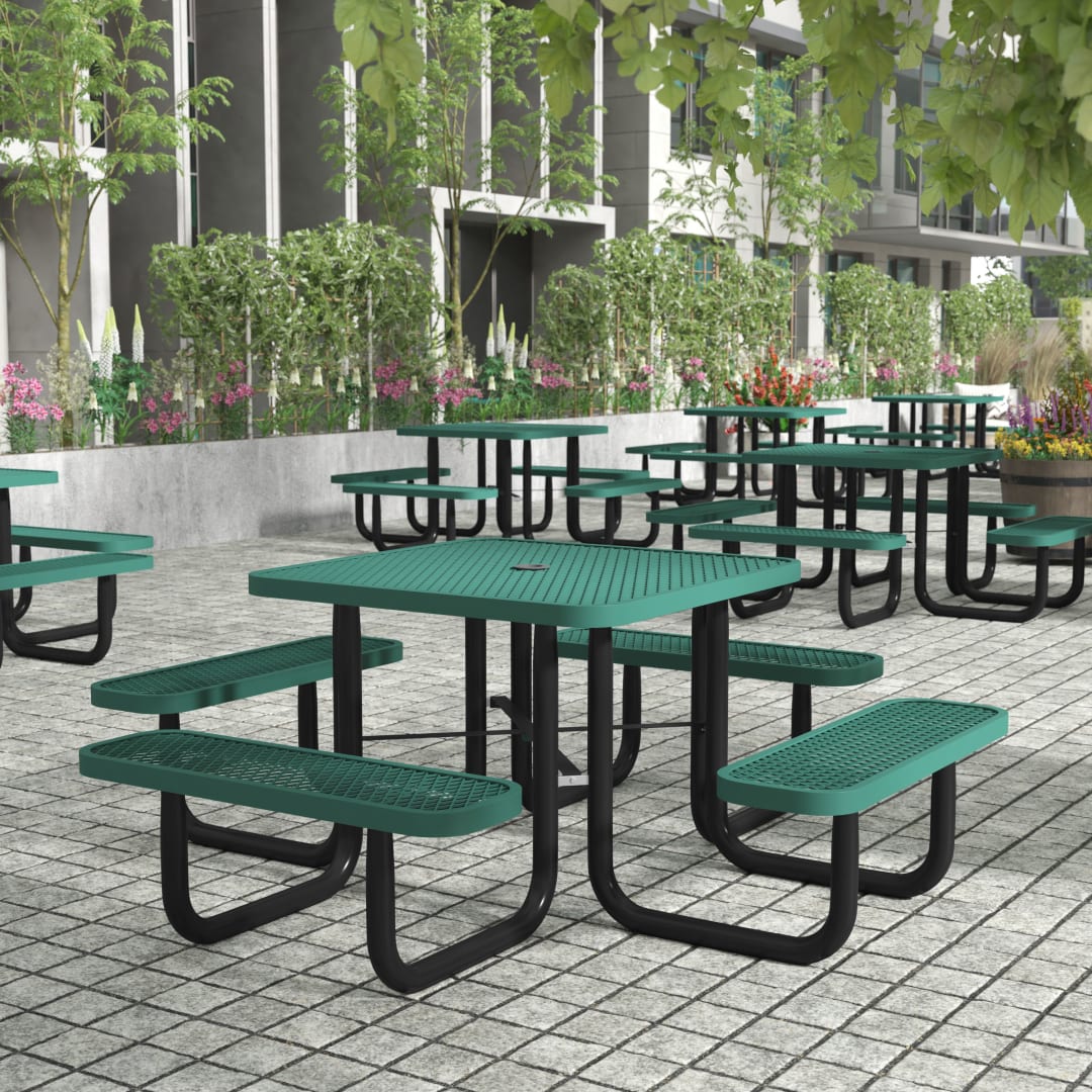 Creekside 46" Square Outdoor Picnic Table with Commercial Grade Heavy Gauge Green Expanded Metal Mesh Top and Seats and Black Steel Frame with Anchors