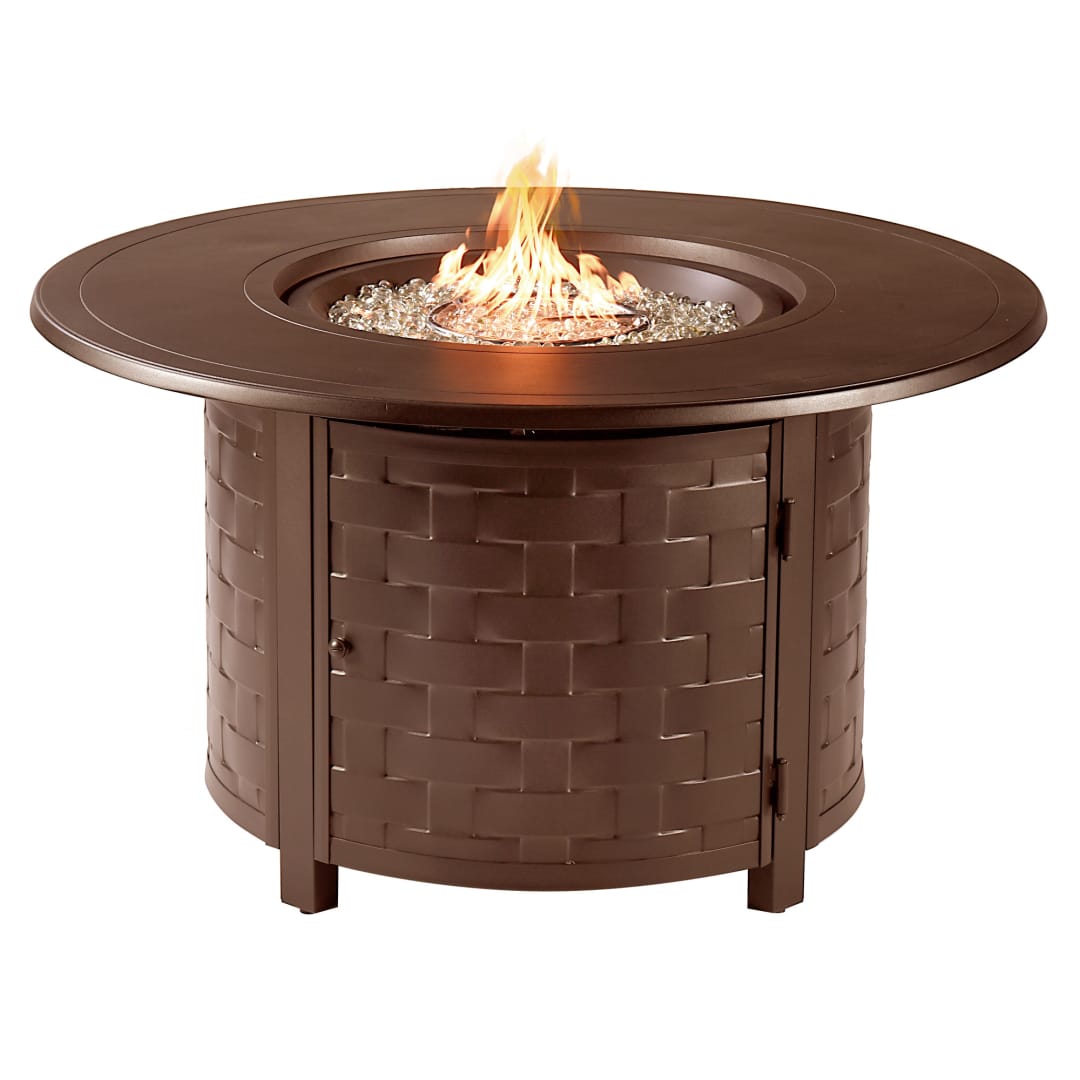 Round 44 in. x 44 in. Aluminum Propane Fire Pit Table with Glass Beads, Two Covers, Lid, 55,000 BTUs in Brown Finish