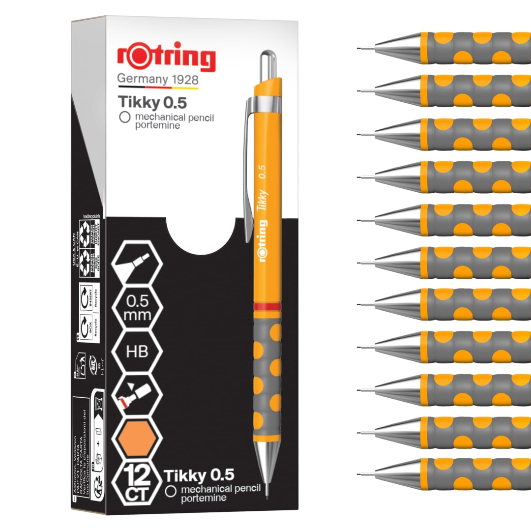 rOtring Tikky Mechanical Pencil | HB 0.5 mm | Marigold (orange) Barrel | Lightweight with Rubberised Grip | 12 Count