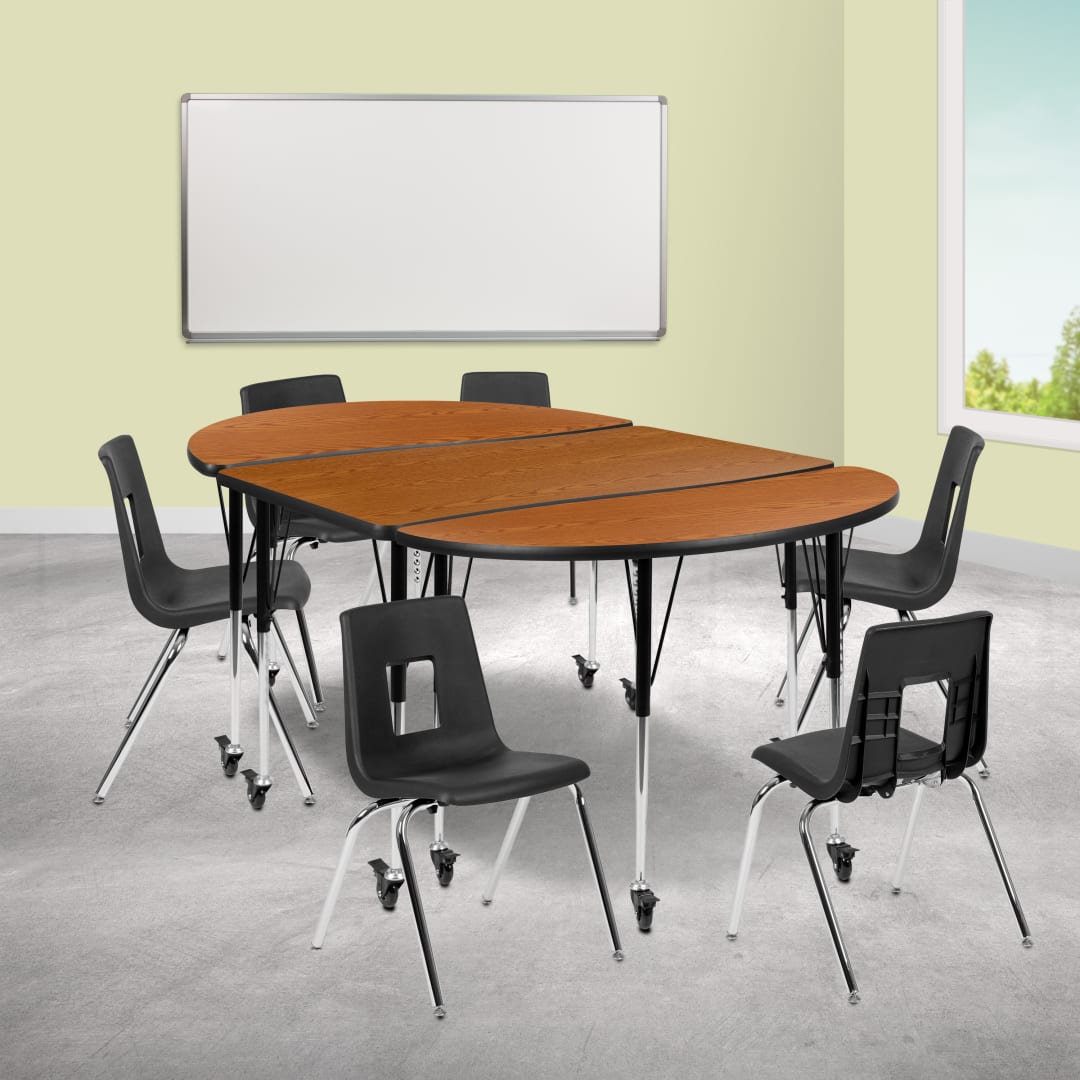 Emmy Mobile 76" Oval Wave Flexible Laminate Activity Table Set with 18" Student Stack Chairs, Oak/Black