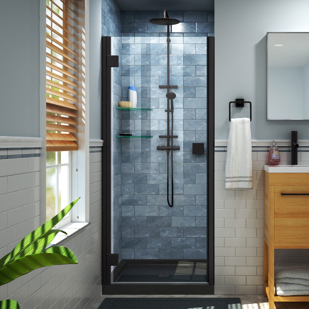 DreamLine Lumen 34 inch D x 42 inch W x 74 3/4 inch H Semi-Frameless Hinged Shower Door in Matte Black with Center Drain Black Shower Base Kit