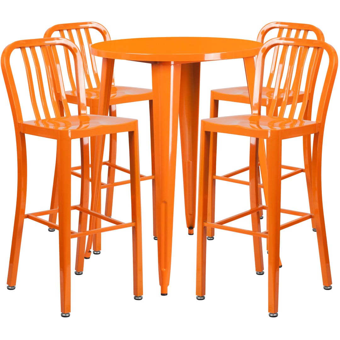 Tristan Commercial Grade 30" Round Orange Metal Indoor-Outdoor Bar Table Set with 4 Vertical Slat Back Stools