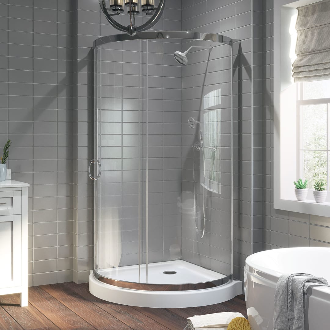 Breeze 40 in. L x 40 in. W x 77 in. H Round Corner Shower Kit in Chrome with Clear Sliding Door and Shower Base Pan (Walls not Included)
