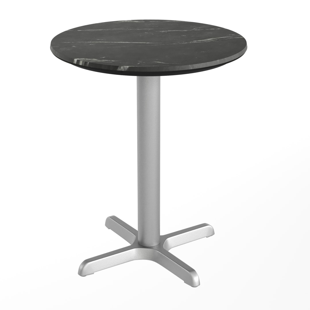 TopGuard 24" Round Indoor Outdoor Tabletop in Black Faux Marble with Seamless Surface Technology and 22" x 22" Silver X-Base