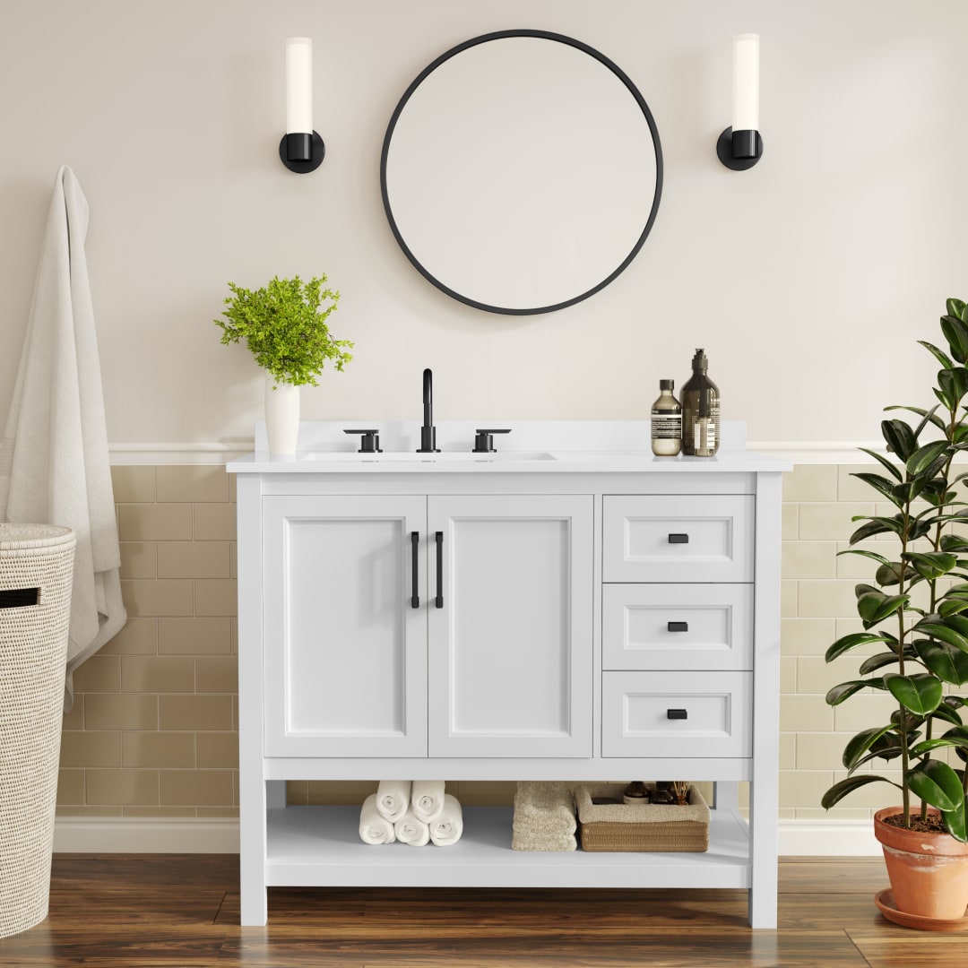 Vega 42" Bathroom Vanity with Sink, Cabinet with Black Hardware, Soft Close Doors, Open Shelf &amp; 3 Drawers, Carrara Marble Finish Counter, White/White