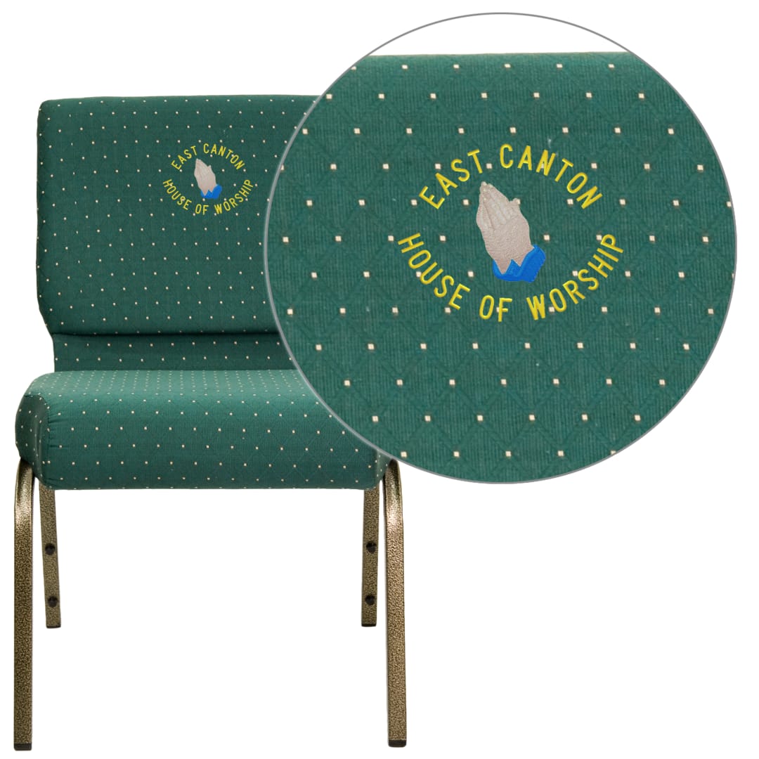 Embroidered HERCULES Series 21''W Stacking Church Chair in Hunter Green Dot Patterned Fabric - Gold Vein Frame