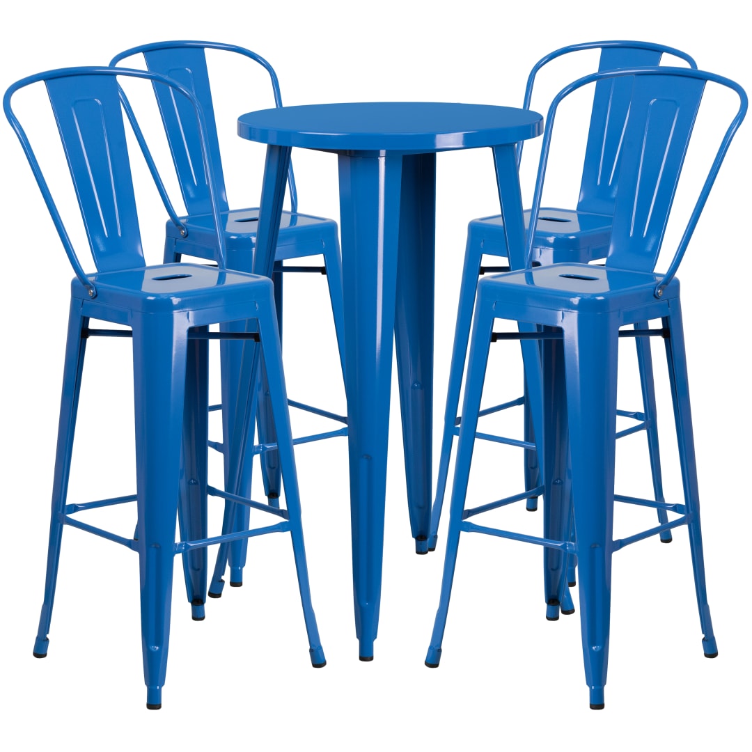 Dexter Commercial Grade 24" Round Blue Metal Indoor-Outdoor Bar Table Set with 4 Cafe Stools