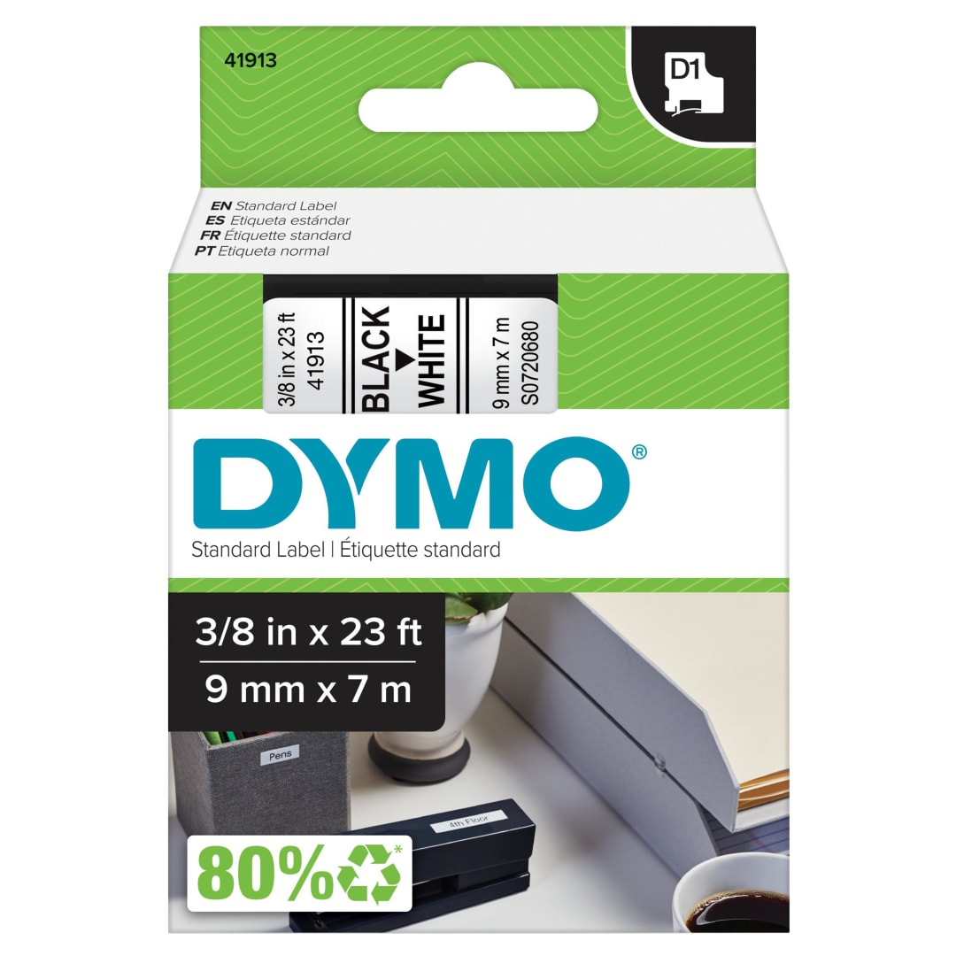 DYMO® Standard D1 Labeling Tape for LabelManager Label Makers, Black print on White tape, 3/8'' W x 23' L, 1 cartridge