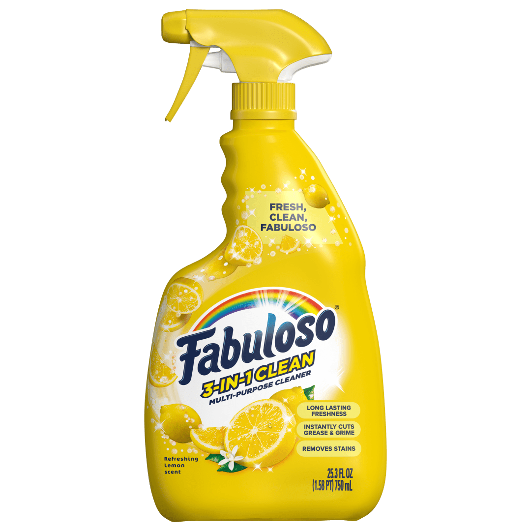 Fabuloso 3-in-1 Clean Spray, Multi-Purpose Cleaner, Long-Lasting Freshness, Instantly Cuts Grease & Grime, Removes Stains, Refreshing Lemon Scent, 25.3 fl oz Spray Bottle