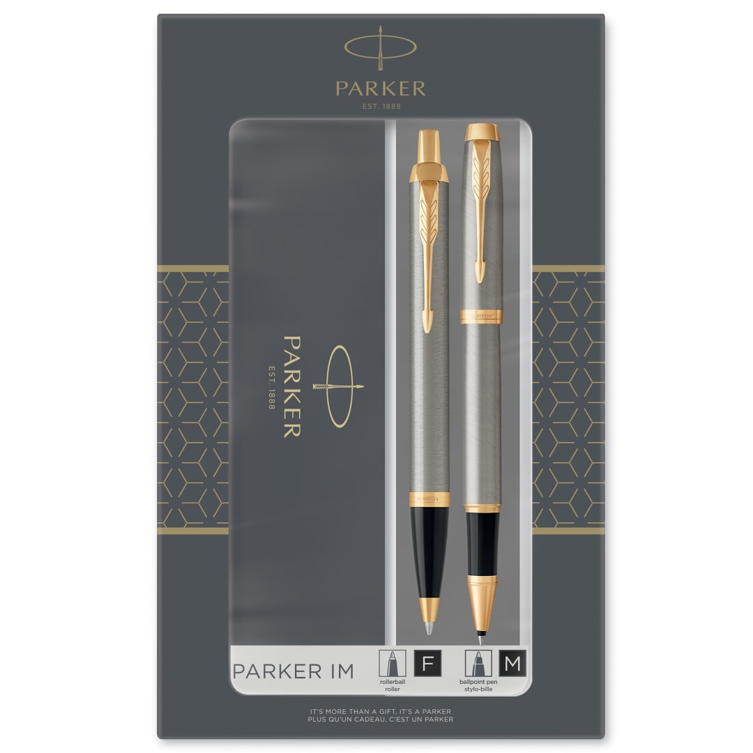 Parker IM set de regalo doble con bolígrafo y rotulador rollermetal cepillado con adorno doradocartucho y recambio de tinta negraestuche de regalo