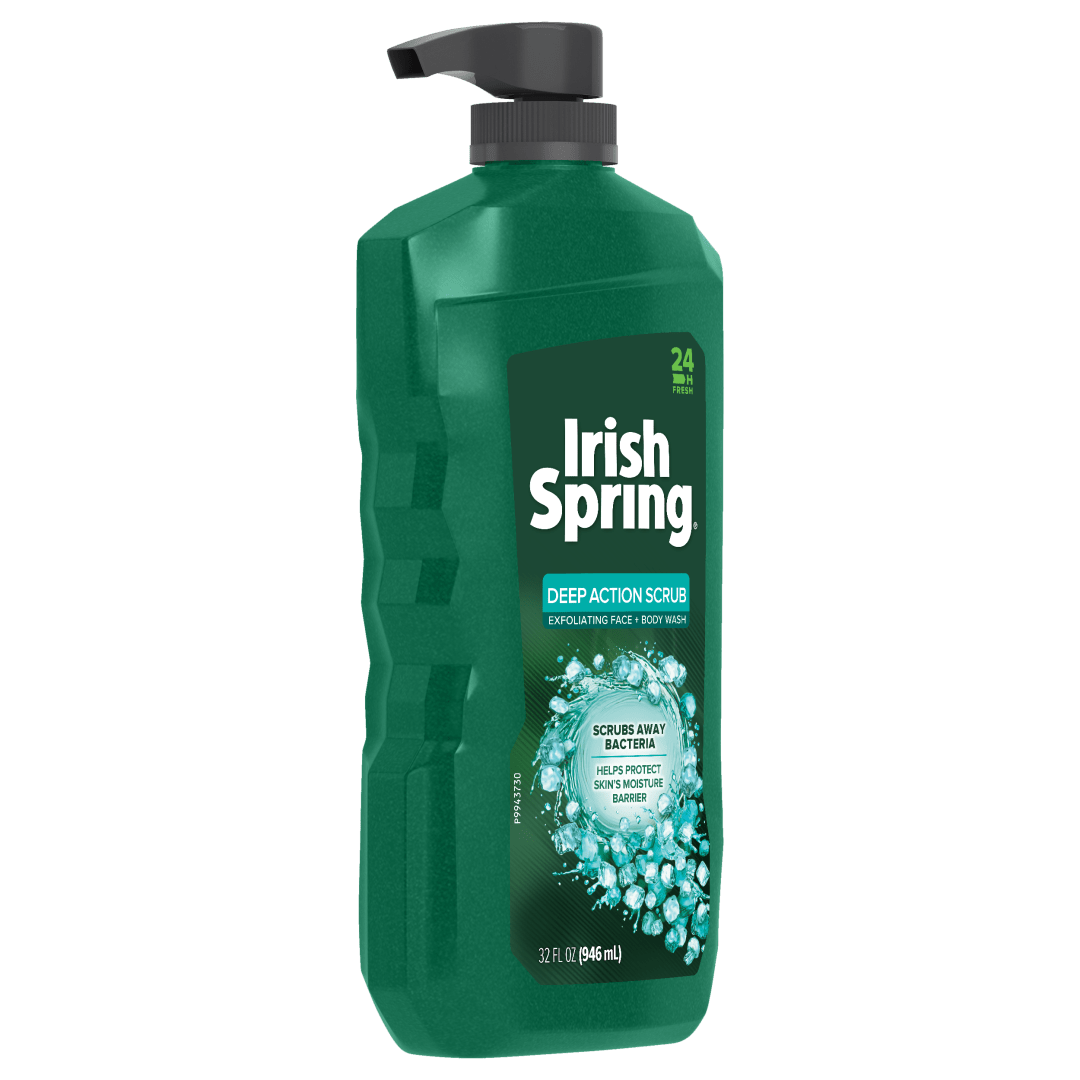 Irish Spring Deep Action Scrub Men's Face & Body Wash, Exfoliating Body Wash Scrubs Away Bacteria - 32 fluid ounce. Pump