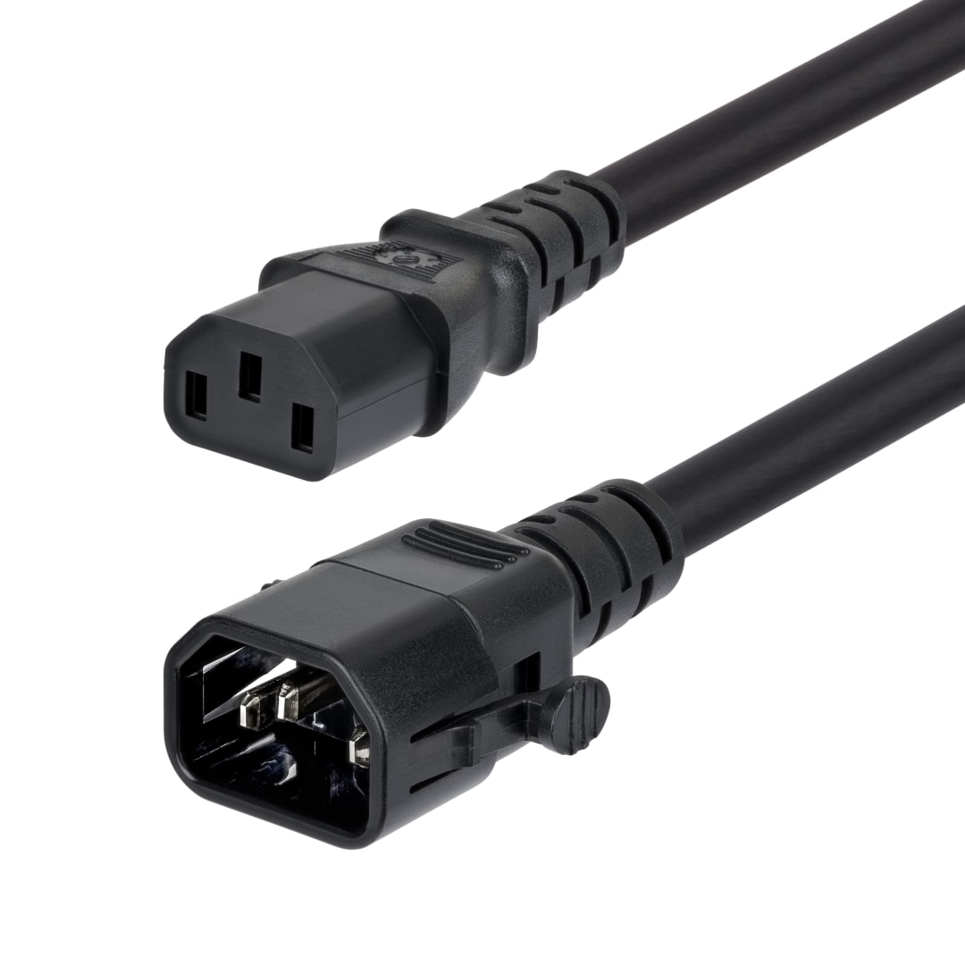 C14 Locking to C13 Power Cord, 14AWG, 15A, 250V, Black, 10ft