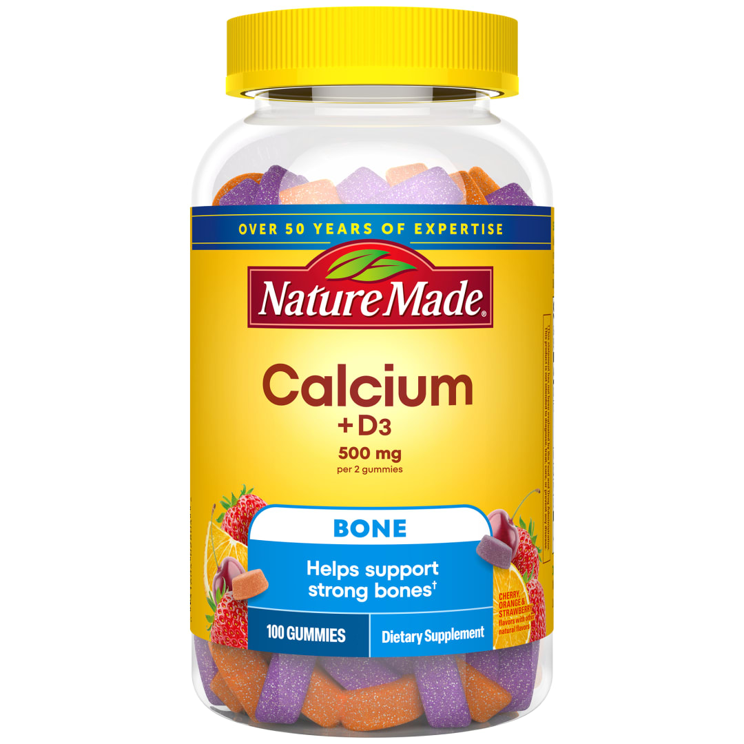 Nature Made Calcium Gummies 500 mg Per Serving with Vitamin D3, Dietary Supplement for Bone Support, 100 Gummies, 50 Day Supply