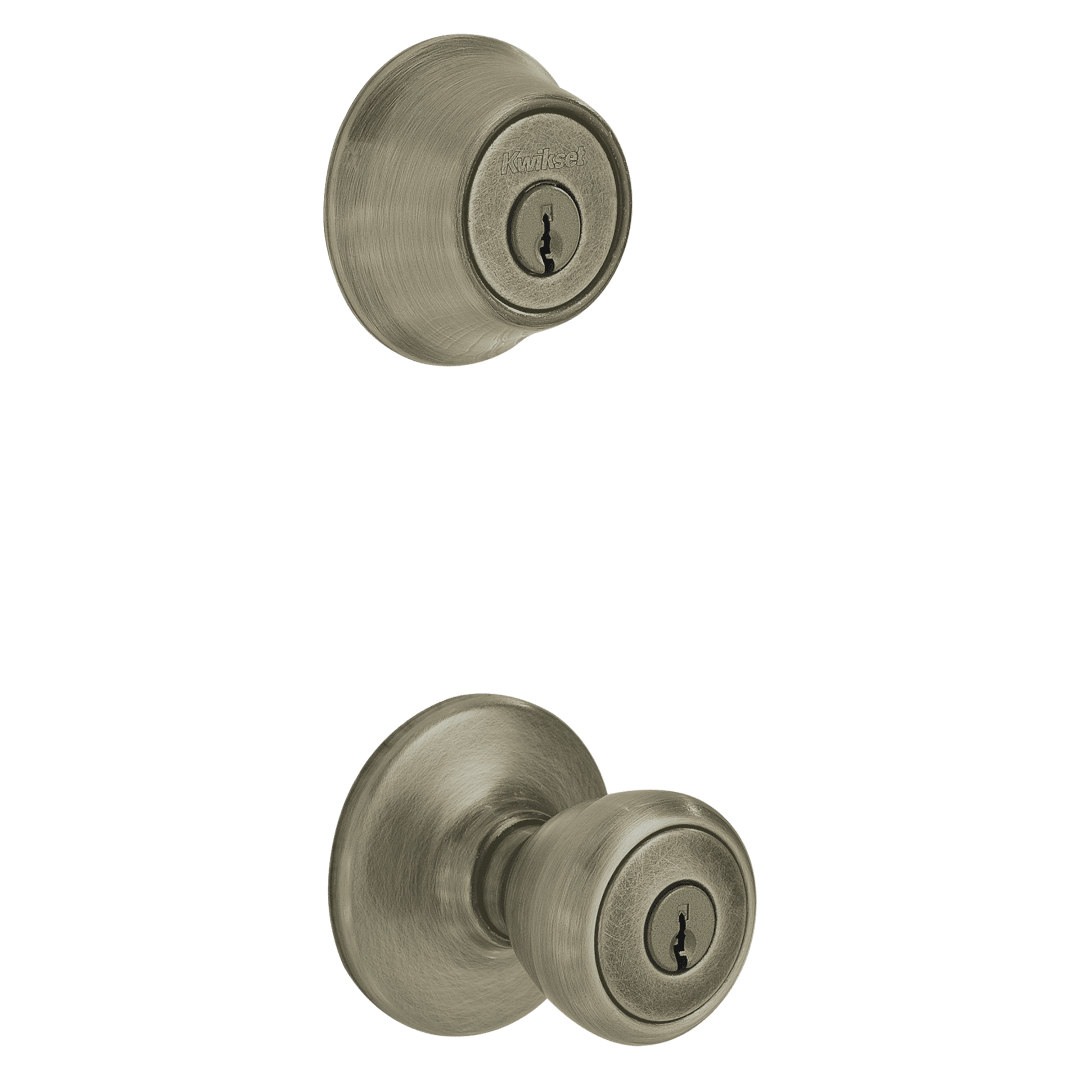 695 Tylo Keyed Entry Knob and Double Cylinder Deadbolt Combo Pack in Antique Brass