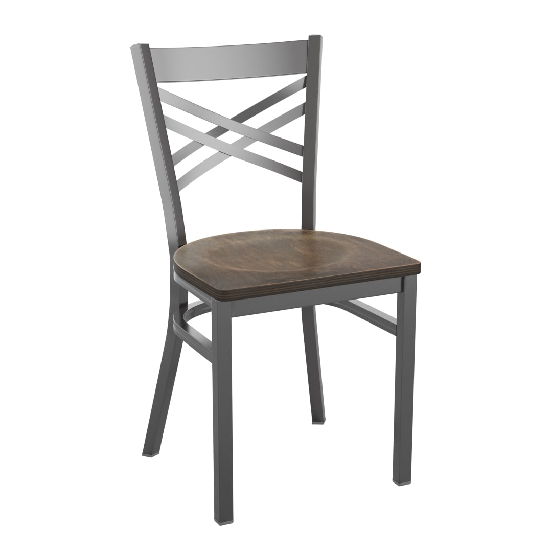 HERCULES Series Black ''X'' Back Metal Restaurant Chair - Antique Copper Wood Seat