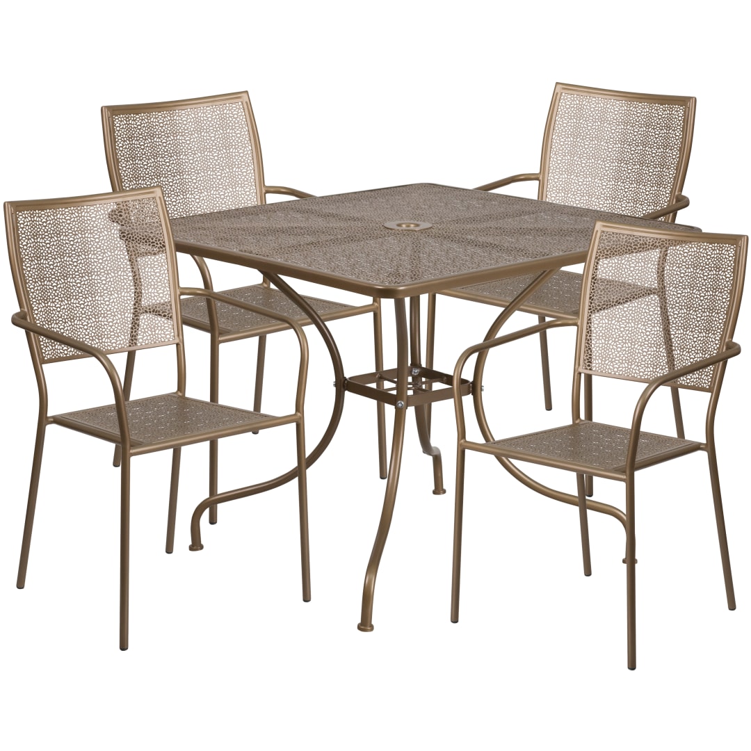 Oia Commercial Grade 35.5" Square Gold Indoor-Outdoor Steel Patio Table Set with 4 Square Back Chairs