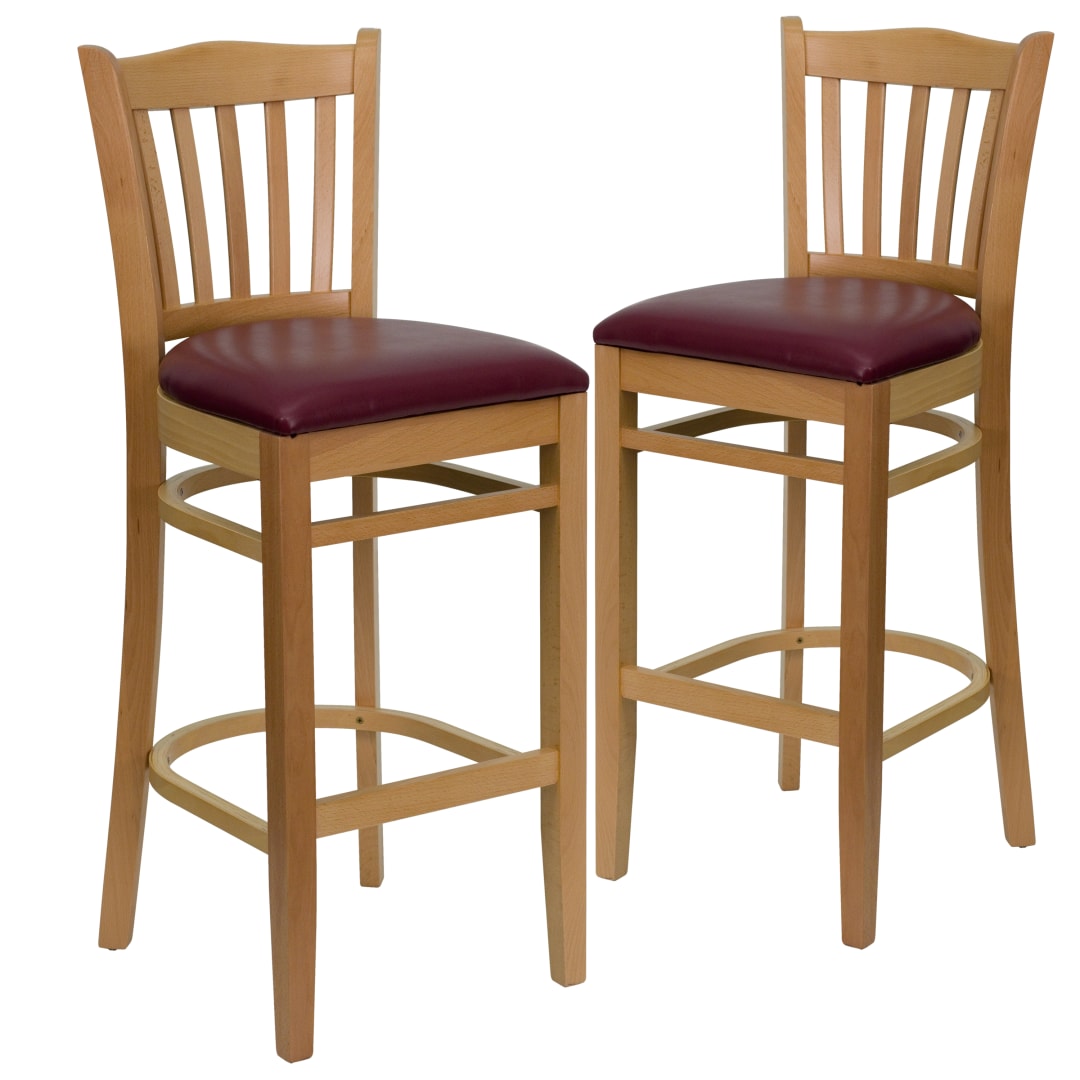 2 Pk. HERCULES Series Vertical Slat Back Natural Wood Restaurant Barstool - Burgundy Vinyl Seat