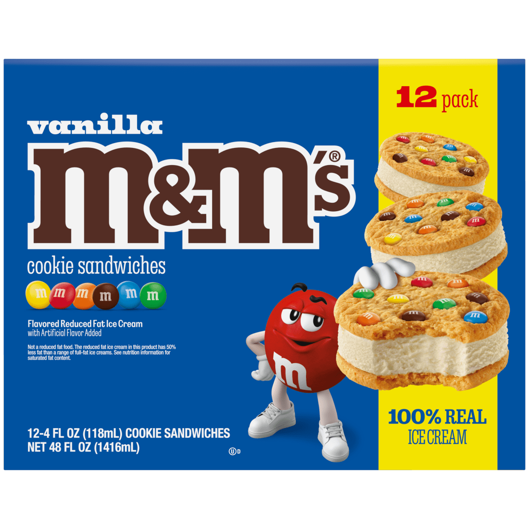 M&M'S Vanilla Ice Cream Cookie Sandwiches, Reduced Fat Vanilla Ice Cream Dessert Cookie Sandwich, 12 Pack, 4 Oz