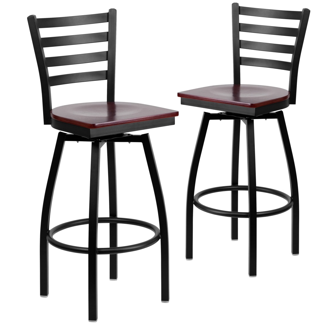 2 Pack HERCULES Series Black Ladder Back Swivel Metal Barstool - Mahogany Wood Seat