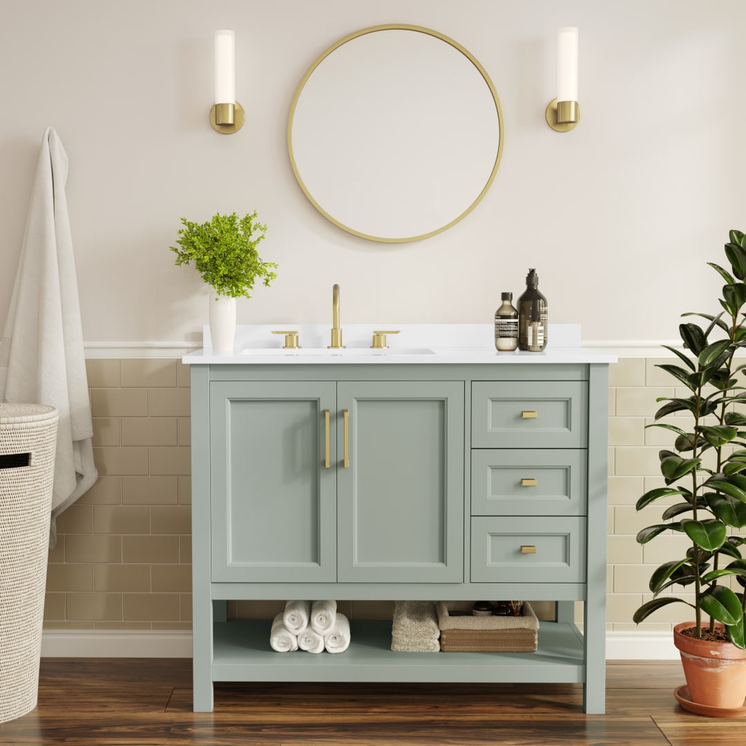 Vega 42" Bathroom Vanity with Sink, Cabinet with Gold Hardware, Soft Close Doors, Open Shelf &amp; 3 Drawers, Carrara Marble Finish Counter, Sage/White