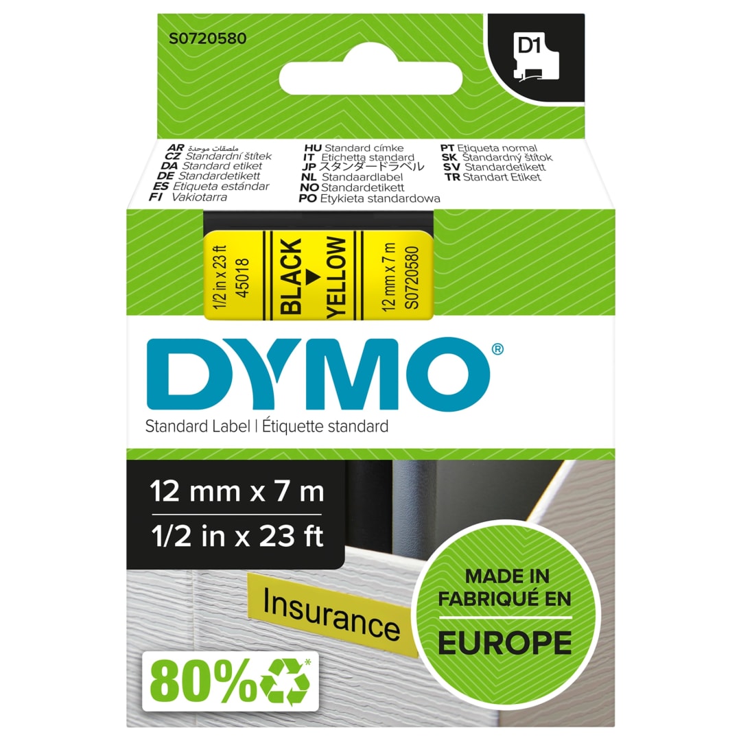 DYMO® Authentic D1 Labels | Black Print on Yellow Tape | 12 mm x 7 m | Self-Adhesive Labels for LabelManager Label Makers | Made in Europe