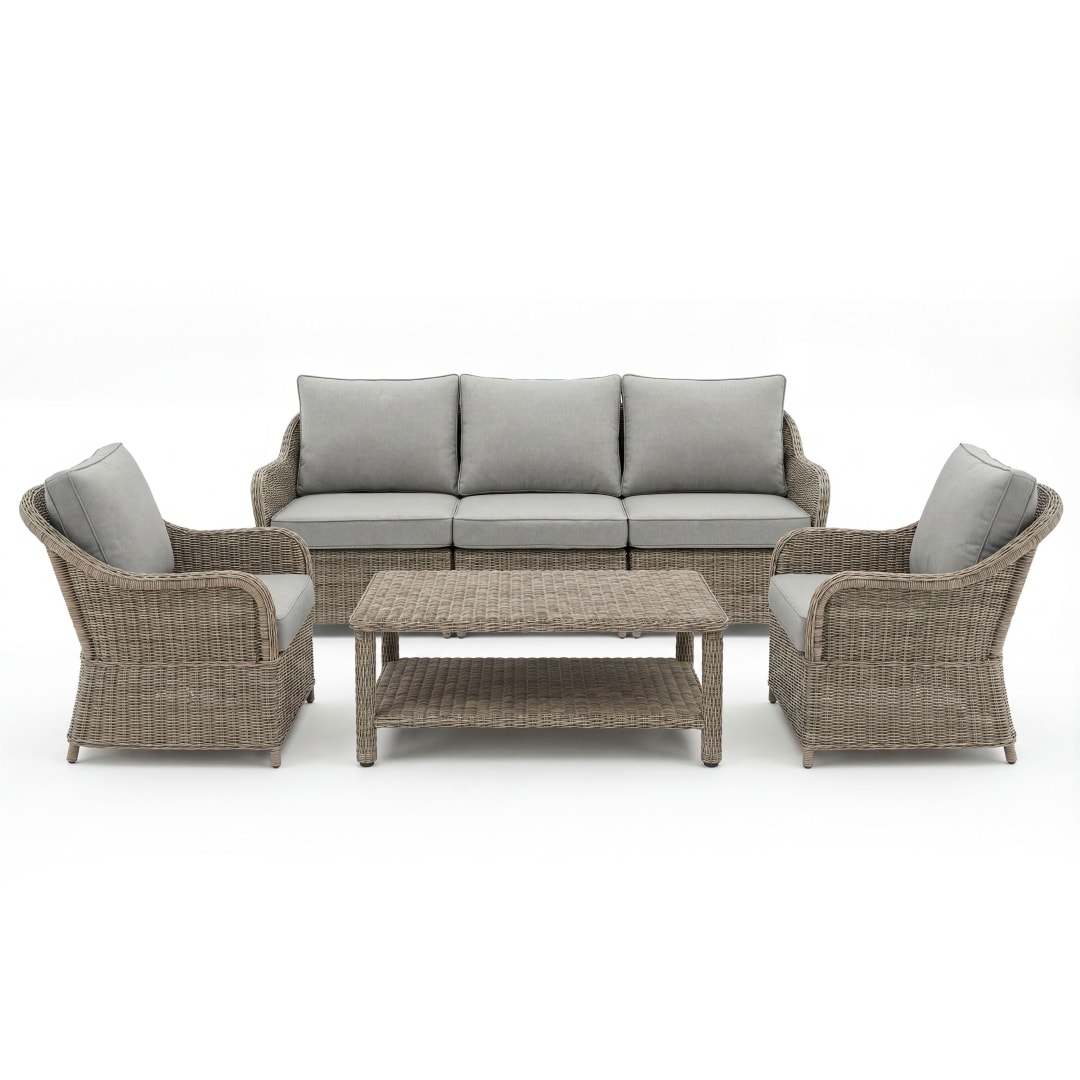 Lily Pond 6 Piece Indoor-Outdoor Conversation Set, Modular Sofa, 2 Chairs, Coffee Table, Weathered Gray Rattan Wicker, Gray All-Weather Cushions