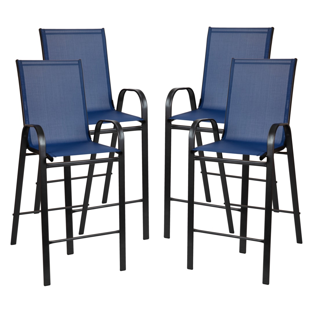 4 Pack Brazos Series Navy Outdoor Barstools with Flex Comfort Material and Metal Frame