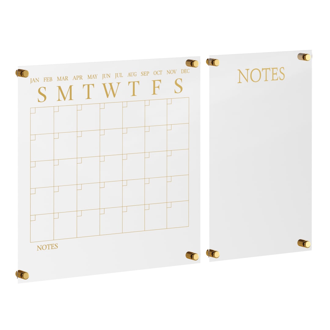 Grayson Acrylic Wall Calendar and Notes Board Set with Dry Erase Marker and Mounting Hardware, Clear with Gold Print