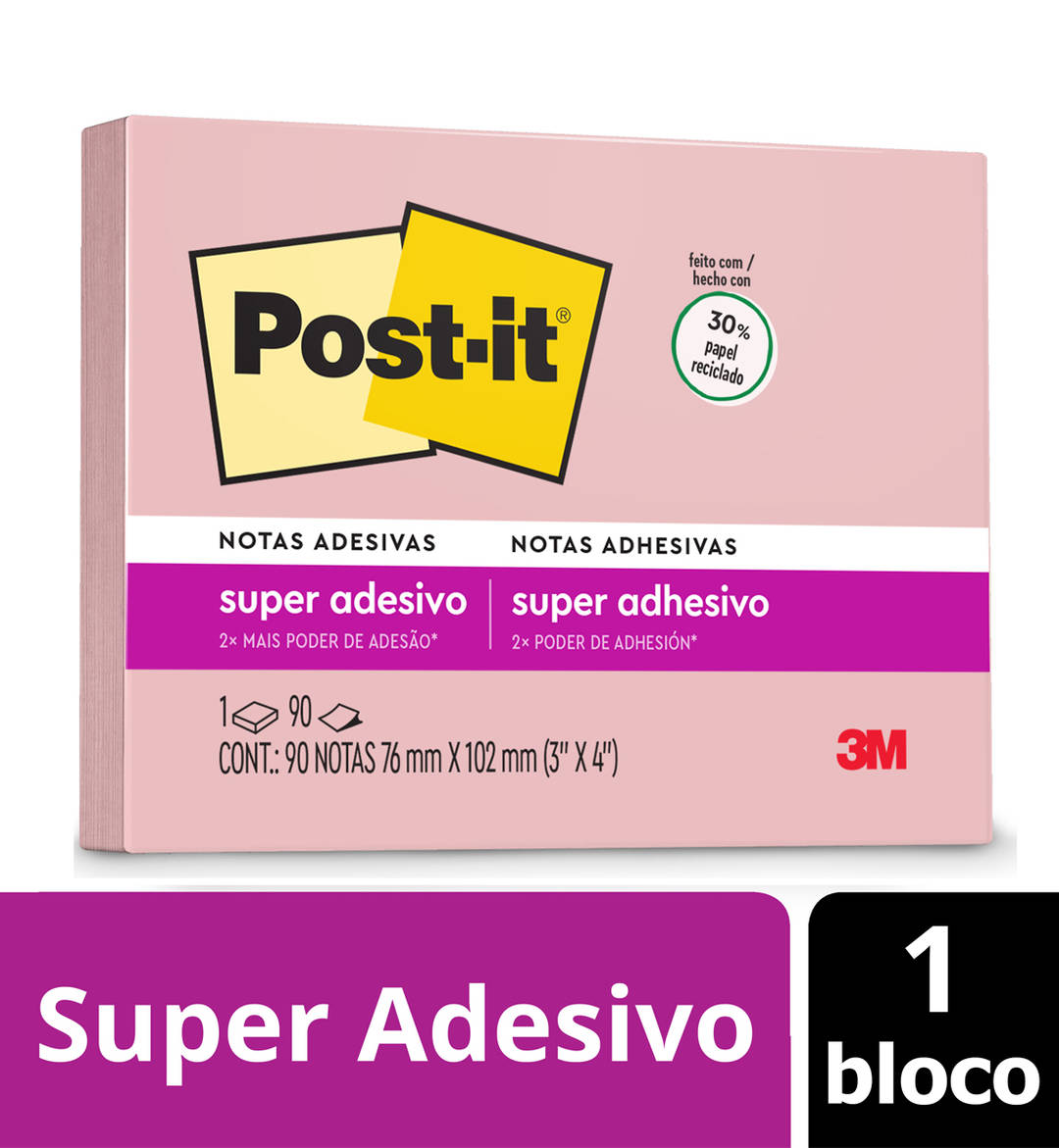 Bloco de Notas Super Adesivas Post-it®, Rosa Milênio, 76 mm x 102 mm, 90 Folhas