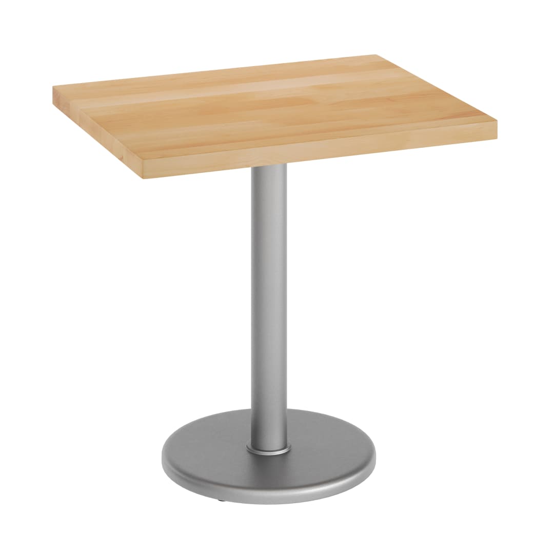Bennett 24" x 30" Solid Wood Commercial Indoor Tabletop in Natural with 18" Round Dining Height Rust-Resistant Silver Cast Iron Base