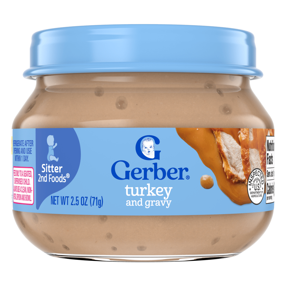 Gerber Stage 2 Baby Food, Turkey and Gravy Jar, Baby Food Poultry Puree, Baby Mealtime, Baby Puree Jars Glass