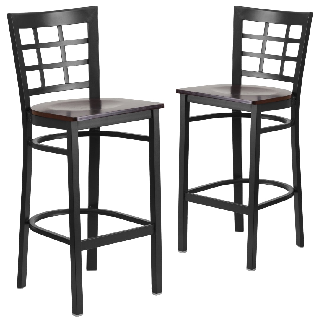 2 Pk. HERCULES Series Black Window Back Metal Restaurant Barstool - Walnut Wood Seat