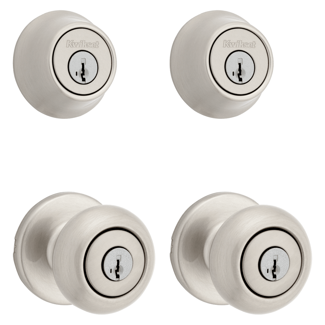 242 Cove Keyed Entry Knob and Single Cylinder Deadbolt Project Pack featuring SmartKey Security™ in Satin Nickel featuring Microban