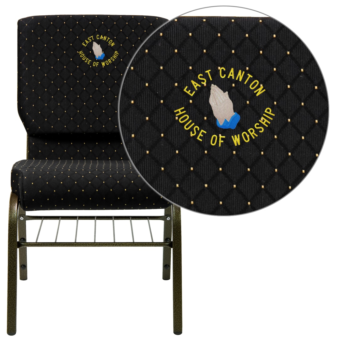 Embroidered HERCULES Series 18.5''W Church Chair in Black Dot Patterned Fabric with Book Rack - Gold Vein Frame