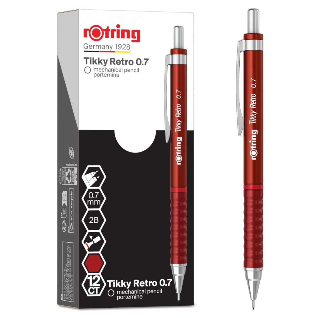 rOtring Tikky Retro Mechanical Pencils | 2B 0.7 mm | Red Barrels | with Comfort Rippled Grip | 12 Count