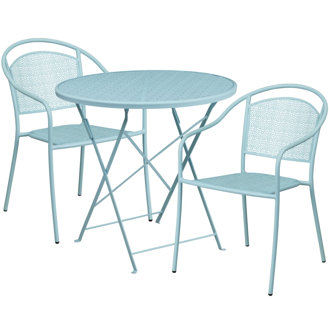 Oia Commercial Grade 30" Round Sky Blue Indoor-Outdoor Steel Folding Patio Table Set with 2 Round Back Chairs