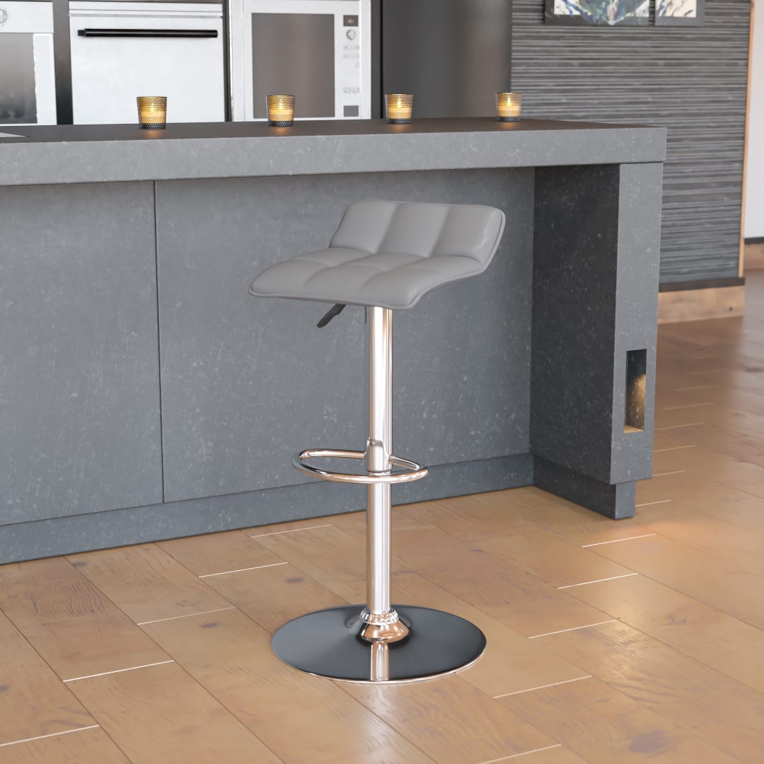 Mark Contemporary Gray Vinyl Adjustable Height Barstool with Quilted Wave Seat and Chrome Base